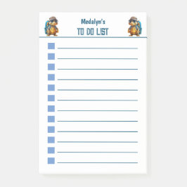 Äventyrlig söt liten sköldpadda med ryggsäck, post-it block