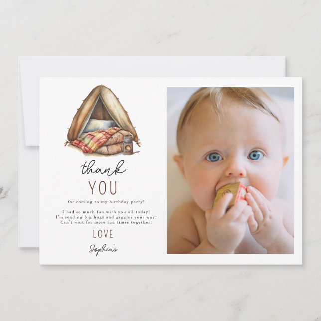 Äventyrs skogscamping födelsedag tack kort (Framsida)