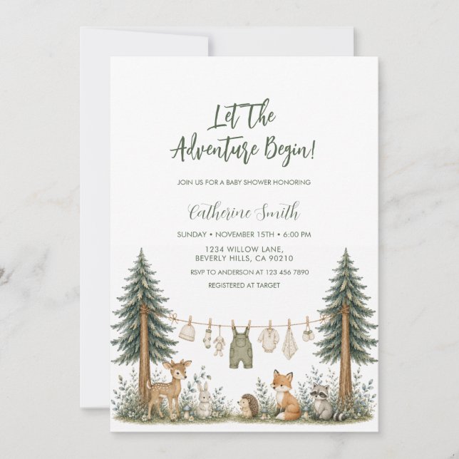 Äventyrs Skogsdjur Baby Shower Inbjudningar (Framsida)