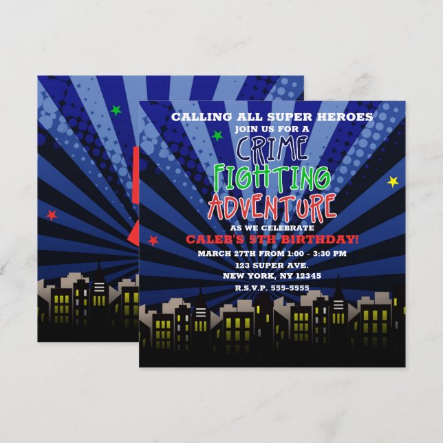 Äventyrsfest för brottsbekämpande superhjältar inbjudningar (Fram/baksida)
