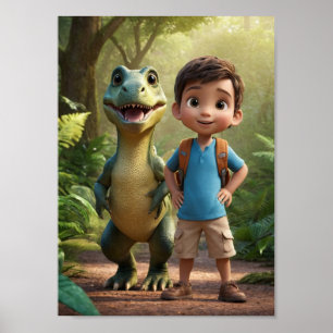 Äventyrslysten Pojke och Vänlig Dinosaurie Poster