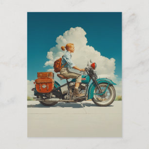 Äventyrsresa med vintage motorcykel vykort