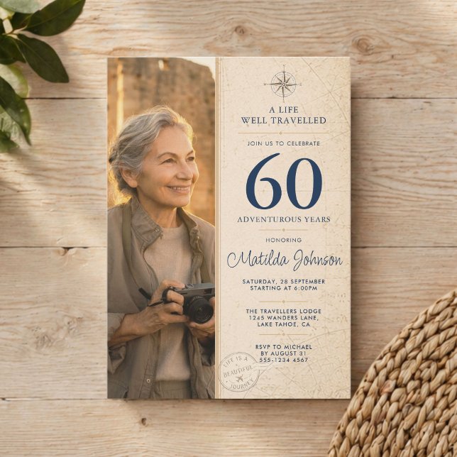 Äventyrsresefoto 60-årsdag inbjudningar (Adventure Travel Photo 60th Birthday Invitation)