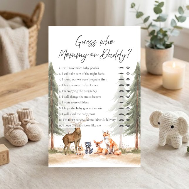 Äventyrsstart Skogsbad Gissa Vem Spel (Let the Adventure Begin Woodland Animals Baby Shower Guess Who Mommy or Daddy Game)