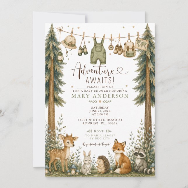 Äventyrsväntar Skogsdjur Baby Shower Inbjudningar (Framsida)