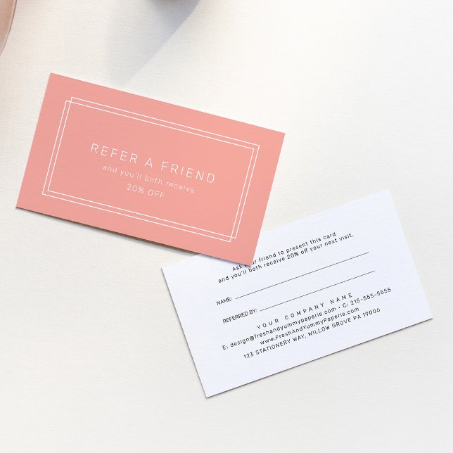 AVERY Minimal Röda Nyans Peach Coral Referera En V Rabattkort (AVERY Minimal Blush Peach Coral Refer A Friend Referral Card)