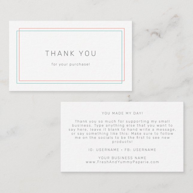 AVERY minimalist korall och teal kant tack Visitkort (Fram/baksida)