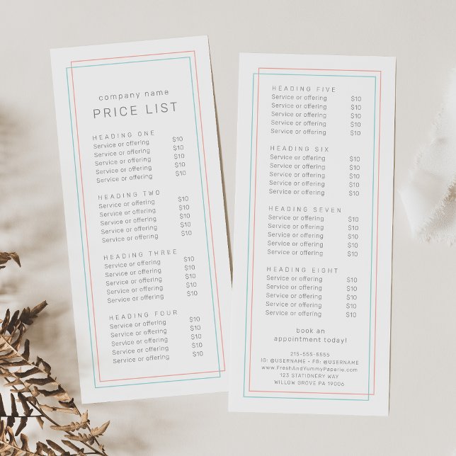 AVERY Minimalistisk korall- och teal-kant Prislist Reklamkort (AVERY Minimalist Coral and Teal Border Price List Rack Card)