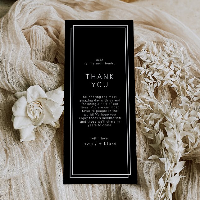 AVERY Modern Black Bröllop Bord - tackkort Meny (AVERY Modern Black Wedding Table Thank You Cards)