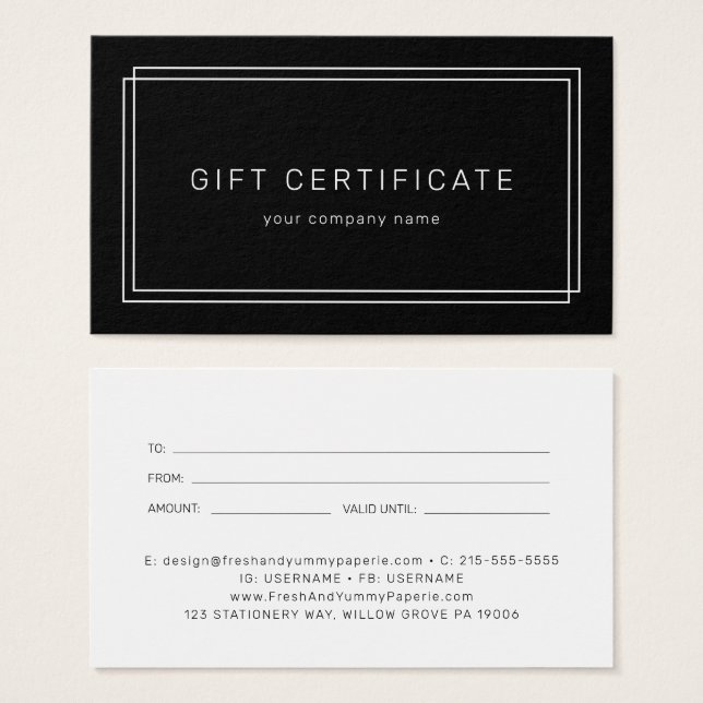 AVERY Modern Black Business Gift Certificate Visitkort (Framsida & baksida)