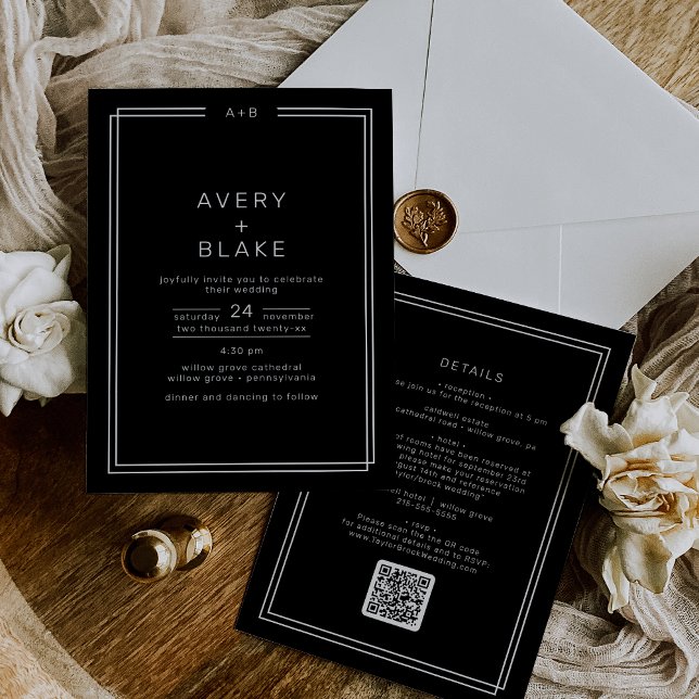 AVERY Modern Black Dubbla Ram QR-kod Bröllop Inbjudningar (AVERY Modern Black Double Frame QR Code Wedding Invitation)