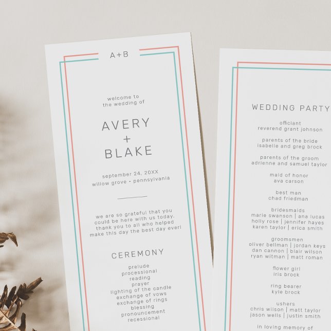 AVERY Modern Coral och Teal Gräns Bröllop Program (AVERY Modern Coral and Teal Border Wedding Program)