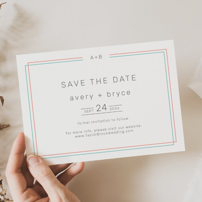 AVERY Modern Coral och Teal Gräns Bröllop Spara Datumet (AVERY Modern Coral and Teal Border Wedding Save The Date)