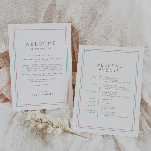 AVERY Modern Coral Teal Bröllop Helg Itinerary Inbjudningar (AVERY Modern Coral Teal Wedding Weekend Itinerary Invitation)