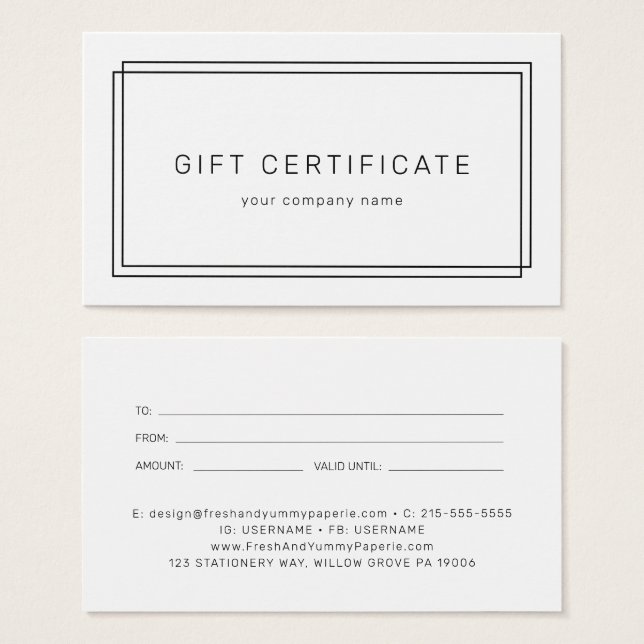 AVERY Modern Minimalist Business Gift Certificate Visitkort (Framsida & baksida)