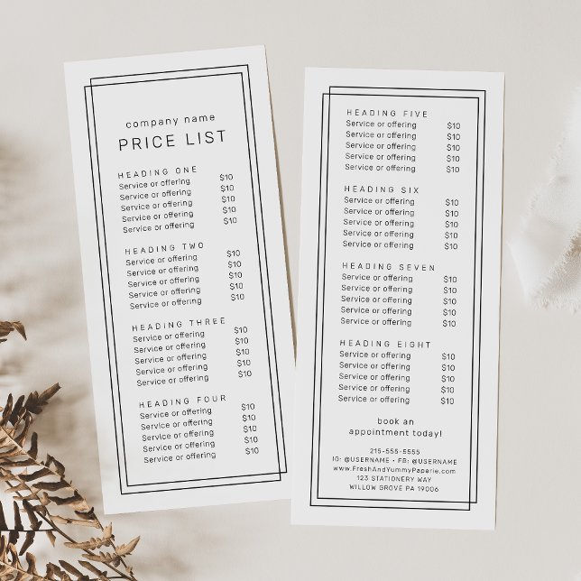 AVERY Modern Minimalistisk Dubbel Ram Prislista Reklamkort (AVERY Modern Minimalist Double Frame Price List Rack Card)
