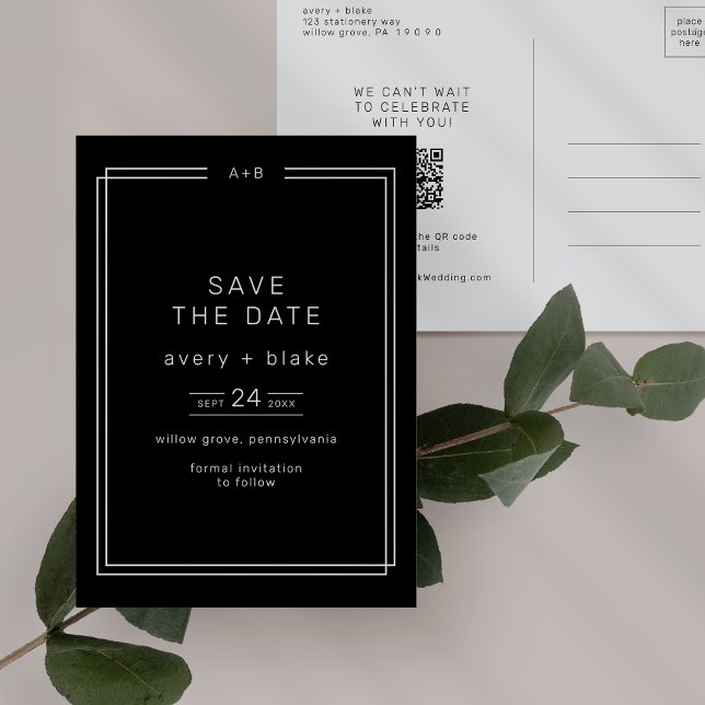 AVERY Modern Mörk Black Bröllop spara datum Inbjudan Vykort (AVERY Modern Dark Black Wedding Save the Date Invitation Postcard)