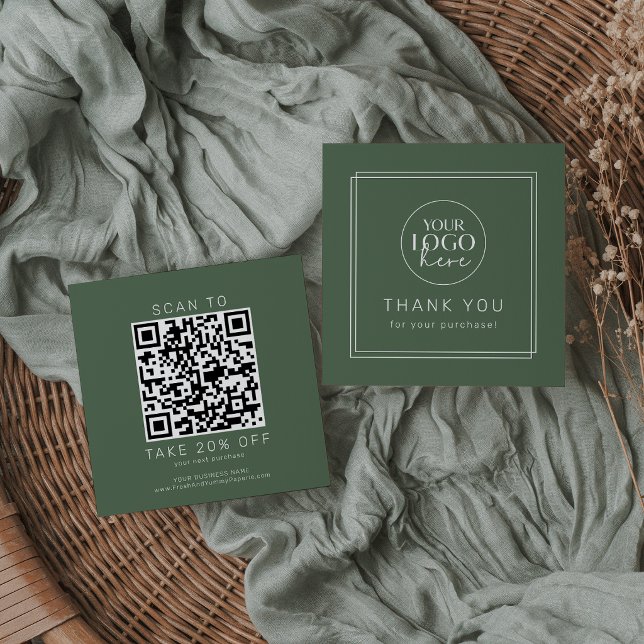 AVERY Rustik Logotyp QR-kod Mörkgrön Tack Rabattkort (AVERY Rustic Dark Green Logo QR Code Thank You Discount Card)