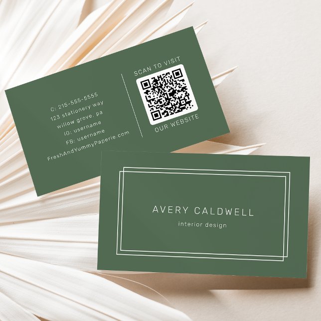 AVERY Rustik Mörkgrön Boho Dubbel Ram QR-kod Visitkort (AVERY Rustic Dark Green Boho Double Frame QR Code Business Card)