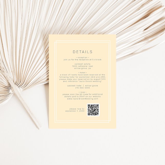 AVERY Simple Neutralt Gult QR Code Bröllop Detail Tilläggskort (AVERY Simple Neutral Yellow QR Code Wedding Detail Enclosure Card)