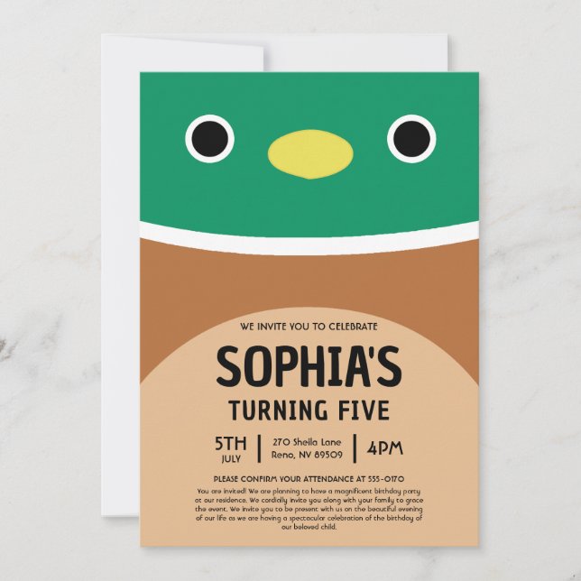 Avery The Duck Squishmallow Birthday Party Inbjudningar (Framsida)