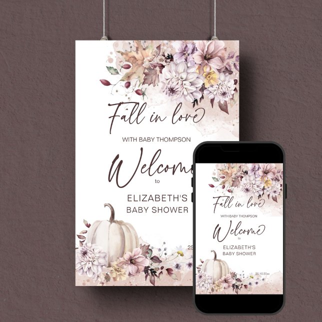 Avfall i kärlek, välkomstskylt för babyduschboho p poster (Fall in love boho pumpkin dahlia baby shower editable template welcome sign instant digital download)