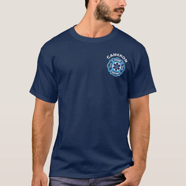 Avfyra och rädda blått t-shirt (Framsida)