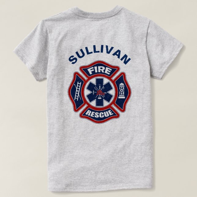 Avfyra och rädda rött och blått tee shirt (Design baksida)
