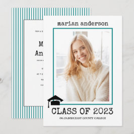 Avgångsklass 2023 skrivmaskin teal examensfoto inbjudningar