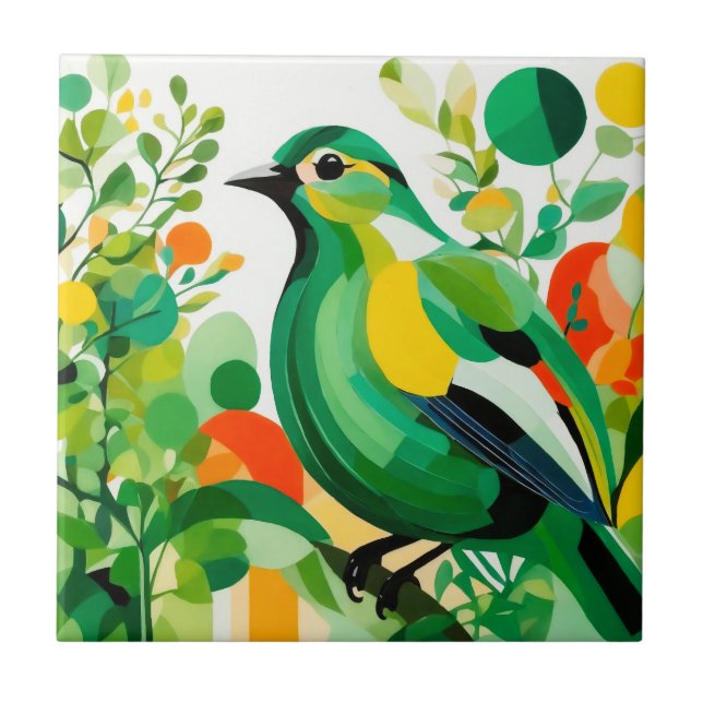 Aviär Elegance, Grönt Abstrakt Bird on Träd Gren Kakelplatta (Framsidan)