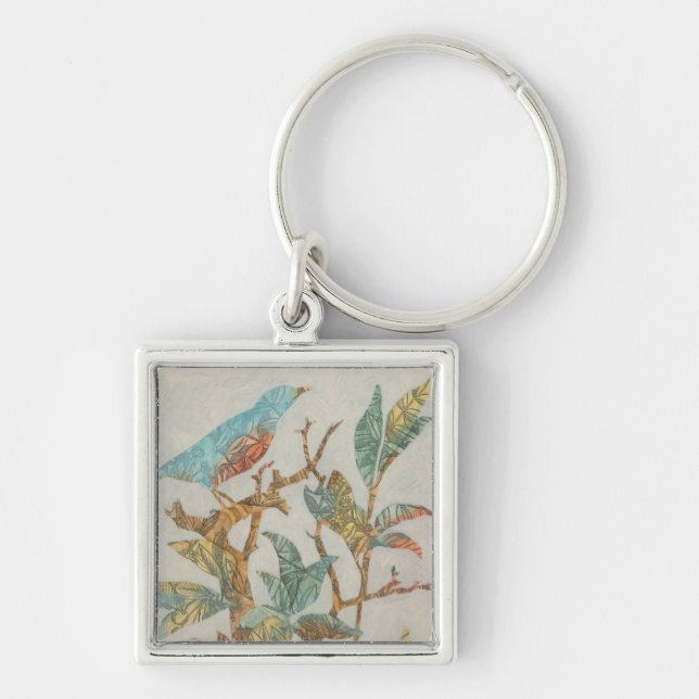 Aviary Collage I Fyrkantig Silverfärgad Nyckelring (Framsidan)