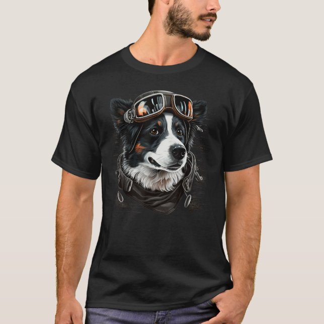 Aviation Border Collie Airplane Pilot on Border Co T Shirt (Framsida)