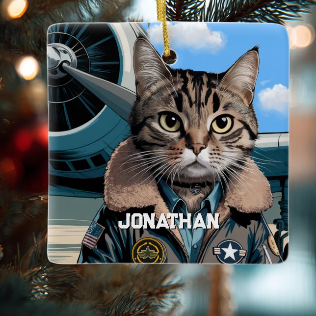 Aviation Cat Pilot and Airplane Funny Custom Julgransprydnad Keramik (Skapare uppladdad)