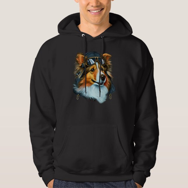 Aviation Sheltie Airplane Pilot on Shetland Sheepd Hoodie (Framsida)