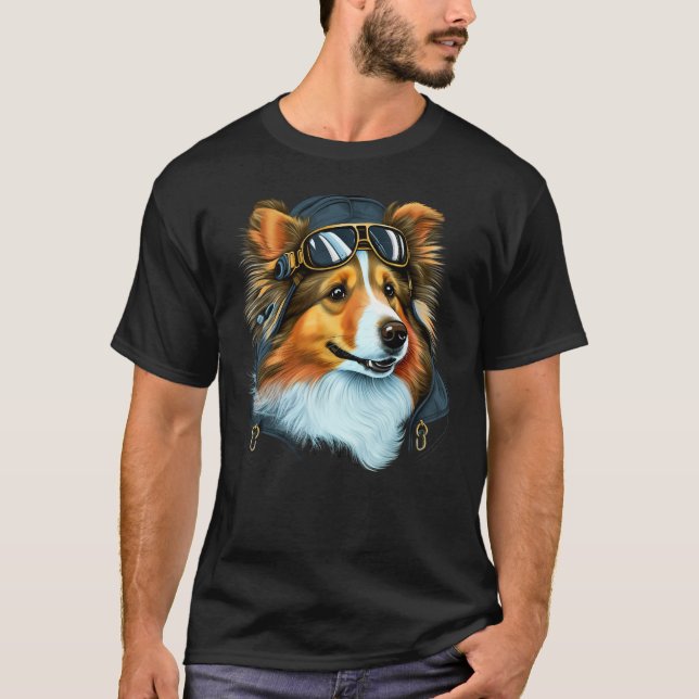 Aviation Sheltie Airplane Pilot on Shetland Sheepd T Shirt (Framsida)