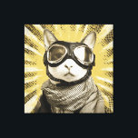 Aviator Cat Goggles Sunburst Portrait Canvastryck<br><div class="desc">A fearless feline aviator gazes straight ahead through oversized leather goggles with shining chrome rims. A cozy plaid scarf wraps the neck while dramatic golden sunburst rays explode behind, studded with dark speckles like an old propeller-plane poster. Warm sepia fur tones contrast the bold retro halo, blending vintage adventure, quiet...</div>