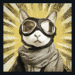 Aviator Cat Goggles Sunburst Portrait Fototryck<br><div class="desc">A fearless feline aviator gazes straight ahead through oversized leather goggles with shining chrome rims. A cozy plaid scarf wraps the neck while dramatic golden sunburst rays explode behind, studded with dark speckles like an old propeller-plane poster. Warm sepia fur tones contrast the bold retro halo, blending vintage adventure, quiet...</div>