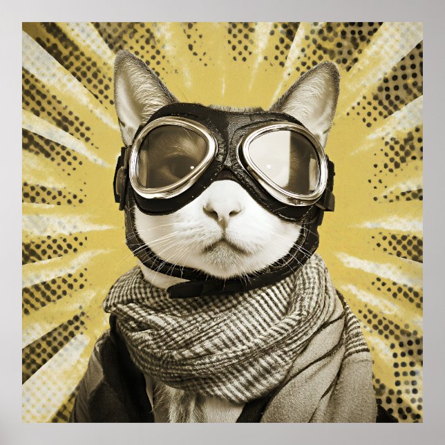 Aviator Cat Goggles Sunburst Portrait Poster (Framsidan)
