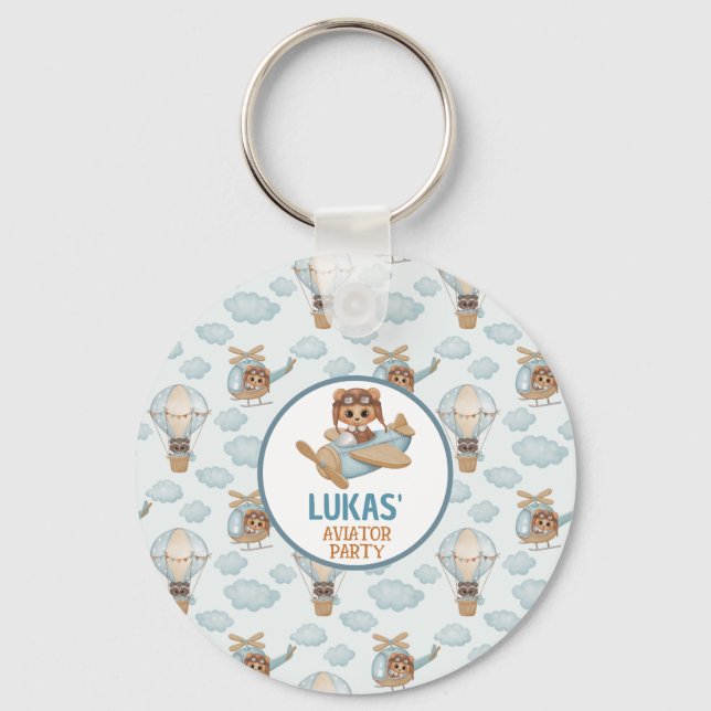 Aviator Party Baby Bear Pastel Blue Birthday Nyckelring (Framsida)