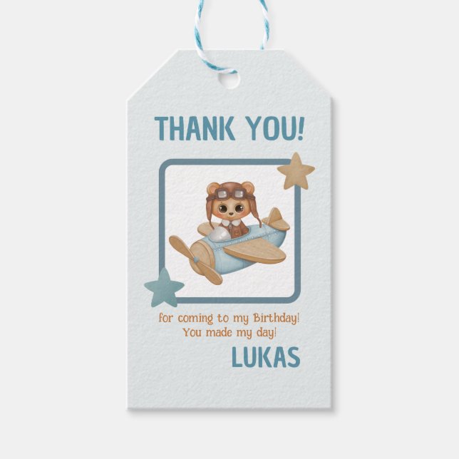 Aviator Party Pilot Bear Blue Birthday Tack Presentetikett (Framsidan)