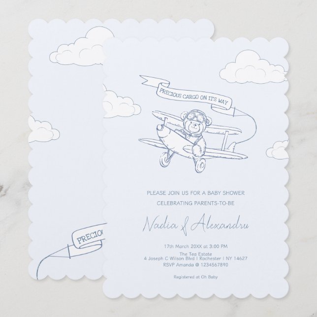 Aviator Pilot Airplan Precious Cargo Baby Shower Inbjudningar (Fram/baksida)