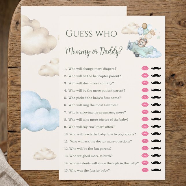 Aviator Teddy Bear Mamma eller Pappa Baby Shower S (Guess Who Mommy or Daddy Game Bearly Wait Boy)
