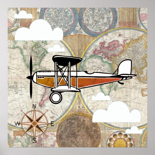 Aviator Vintage Flygplan Världsäventyr Poster (Framsidan)
