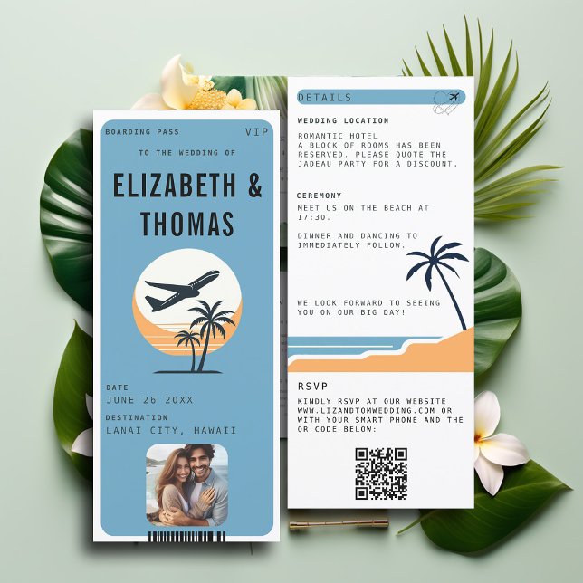 Avlägsna målet Modern Tropical Photo Bröllop Inbjudningar (tropical beach destination wedding invitation boarding pass qr code all in one photo QR modern)