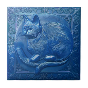 Avlastning av blå faux-flotta Art nouveau Cat Kakelplatta