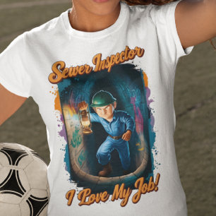 Avloppsinspektör som belyser den okända t shirt