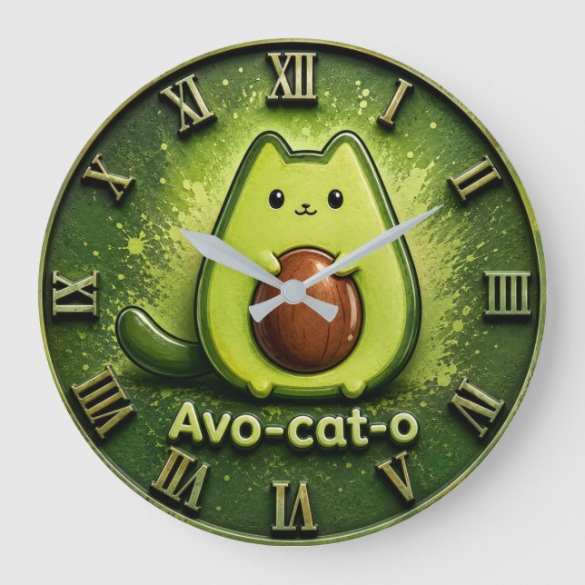 Avo-Cat-O Funny Avocado Cat  Cute Kawaii Kitchen  Stor Klocka (Framsida)