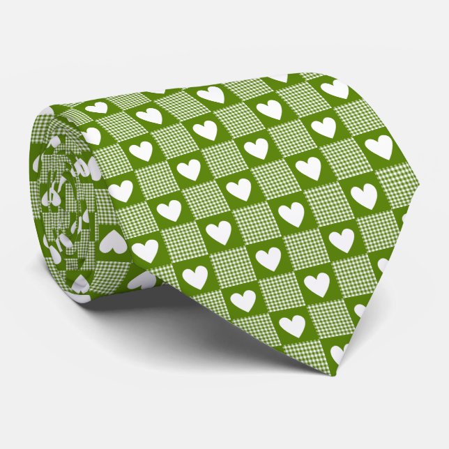 Avocado Green Gingham Heart Patch Plaid Neck Tie Slips (Rullad)