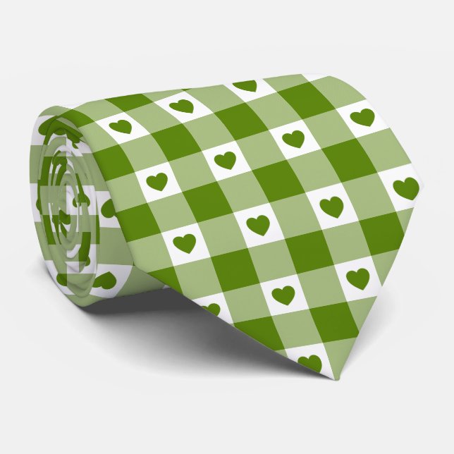 Avocado Green Heart Plaid Gingham Retro Neck Tie Slips (Rullad)