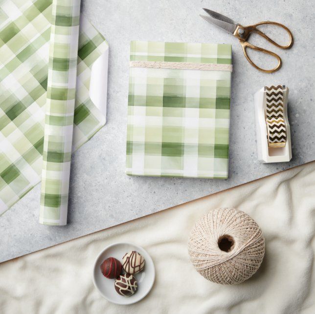 Avocado Green Plaid Stripes Presentpapper (Hantverk)